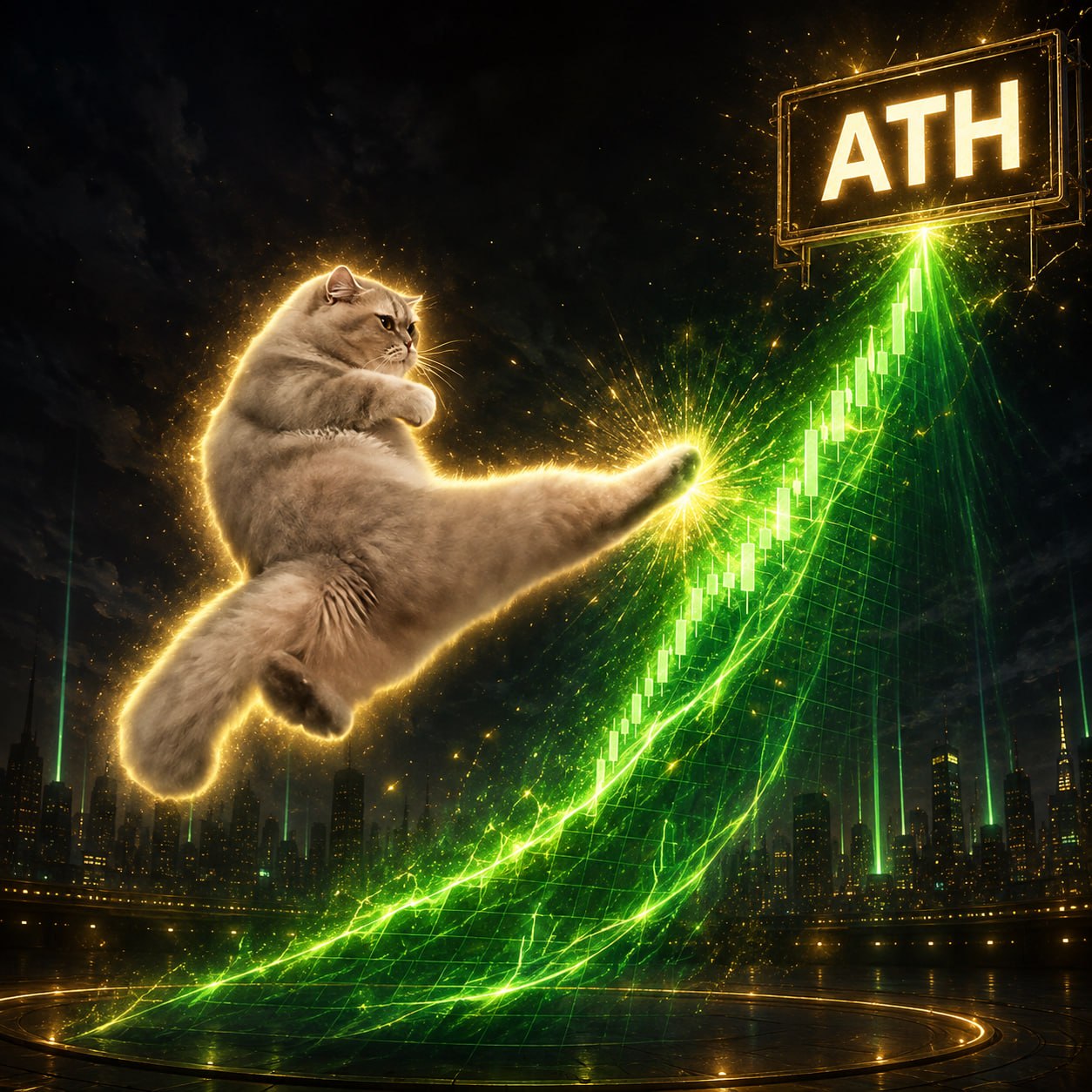 KAT kicking a green chart toward an ATH sign